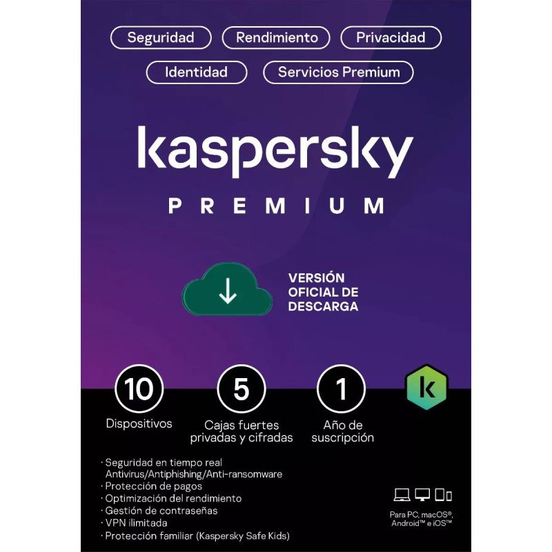 Kaspersky Premium + Customer Support 10 Dispositivos 5 Cuentas KPM 1 año Base Descarga electronica