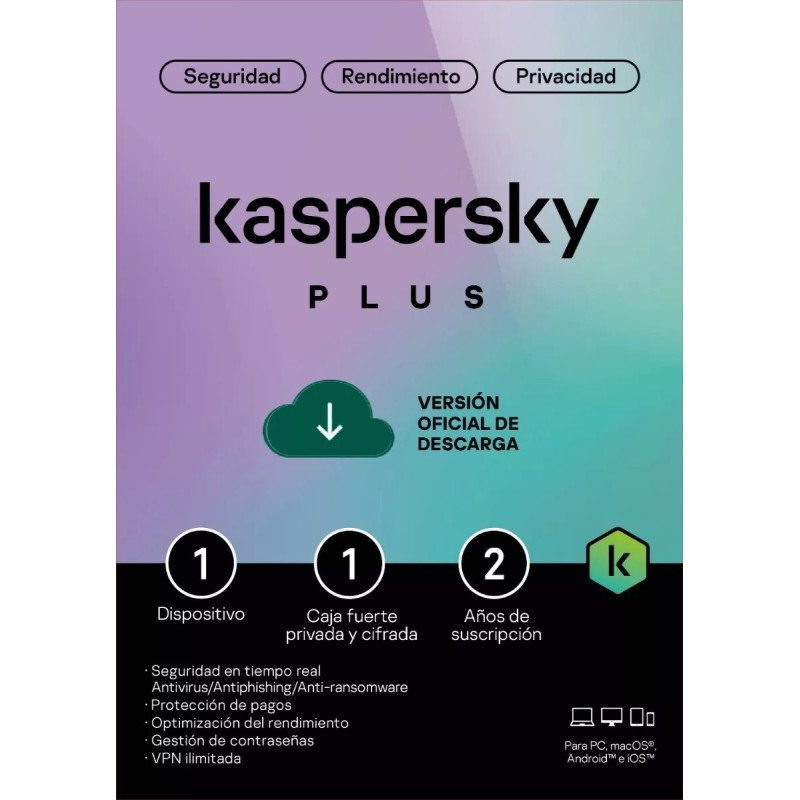 Kaspersky Plus 1 Dispositivo 1 Cuenta KPM 2 años Base Descarga electronica