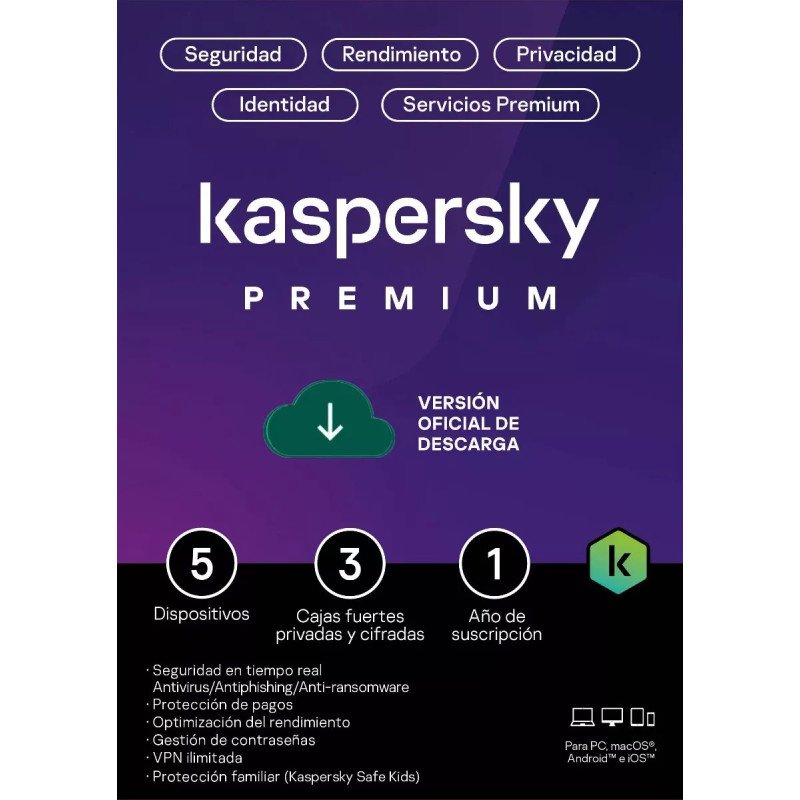 Kaspersky Premium + Customer Support 5 Dispositivos 3 Cuentas KPM 1 año Base Descarga electronica