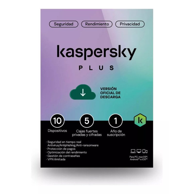 Kaspersky Plus 10 Dispositivos 5 Cuentas KPM 1 año Base Descarga electronica